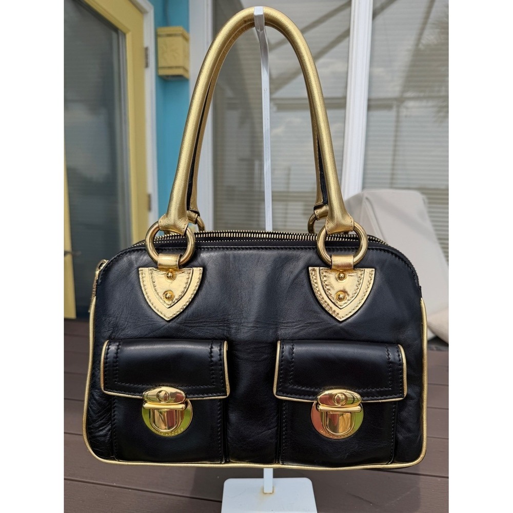 Marc Jacobs Rare Vintage Runway Black Lambskin Gold Metallic Satchel Bag - Picture 9 of 17